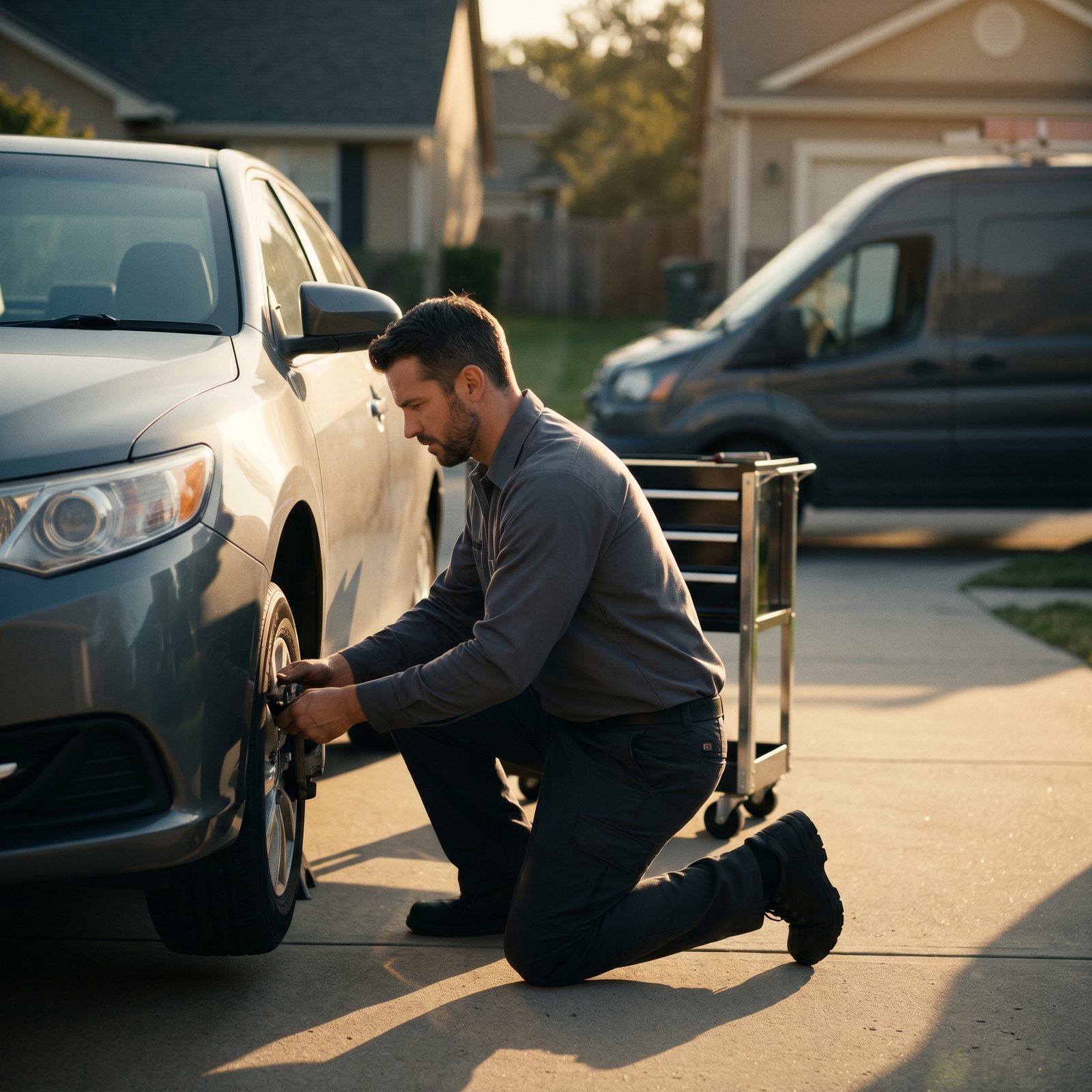 Jay Rash, mobile mechanic, working on a car in a sunlit driveway